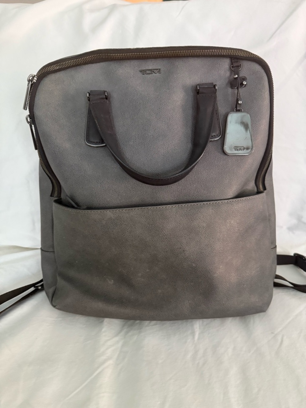 TUMI Gray Leather Backpack 79380MSF Laptop Travel Work Bag